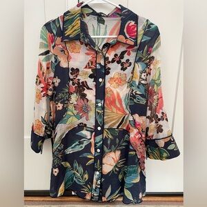 Signals Funsport medium floral button down shirt blouse tunic tropical patchwork